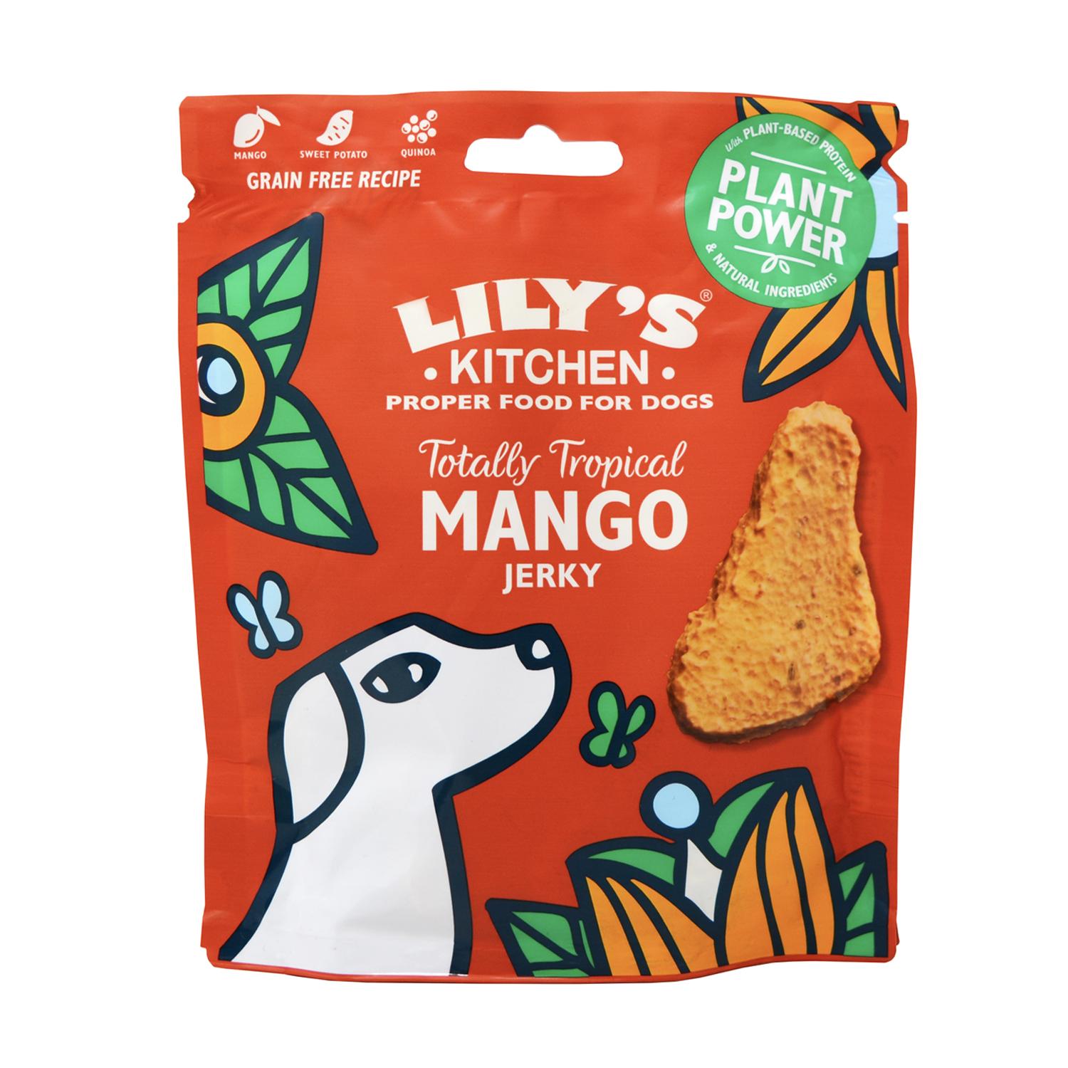 Front of a pack of Lily's Kitchen Mango Jerky Vegan Dog Treats