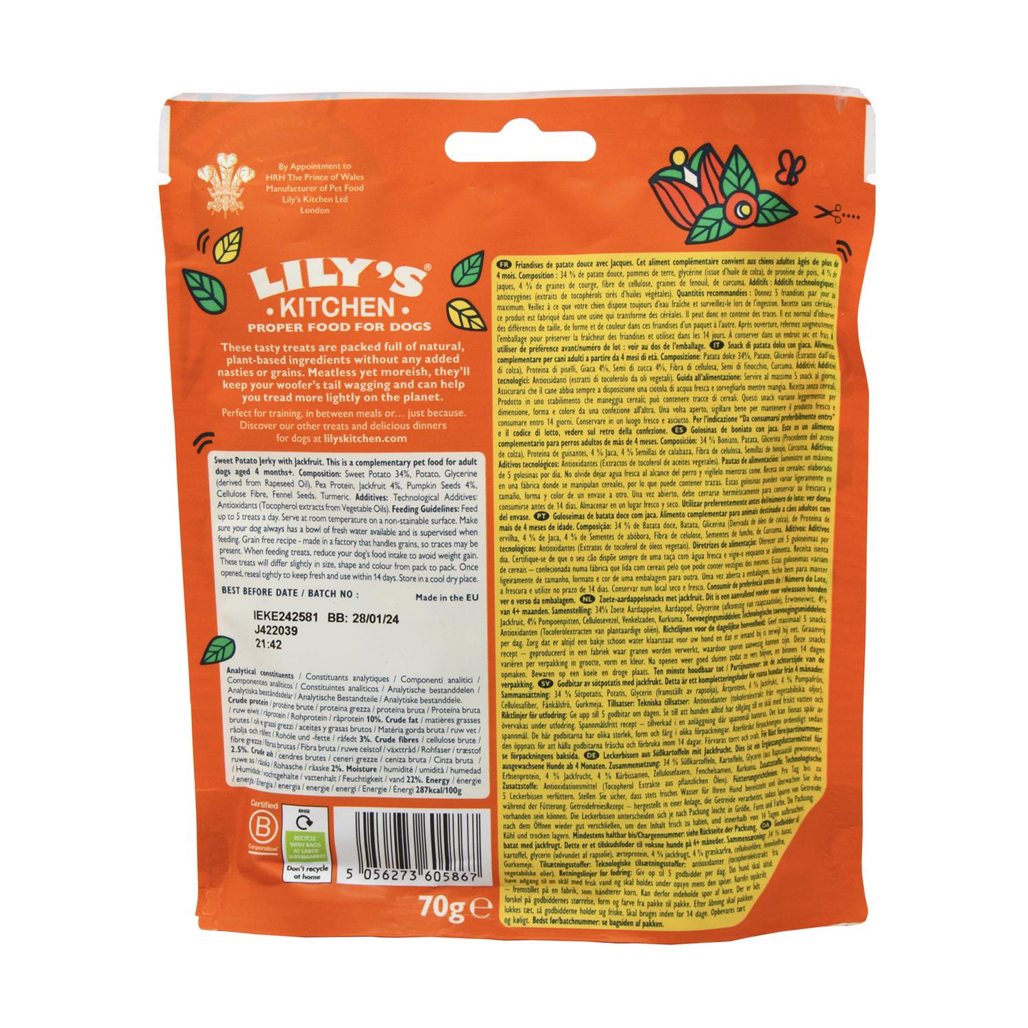 Back of a pack of Lily's Kitchen Vegan Sweet Potato Jerky for dogs