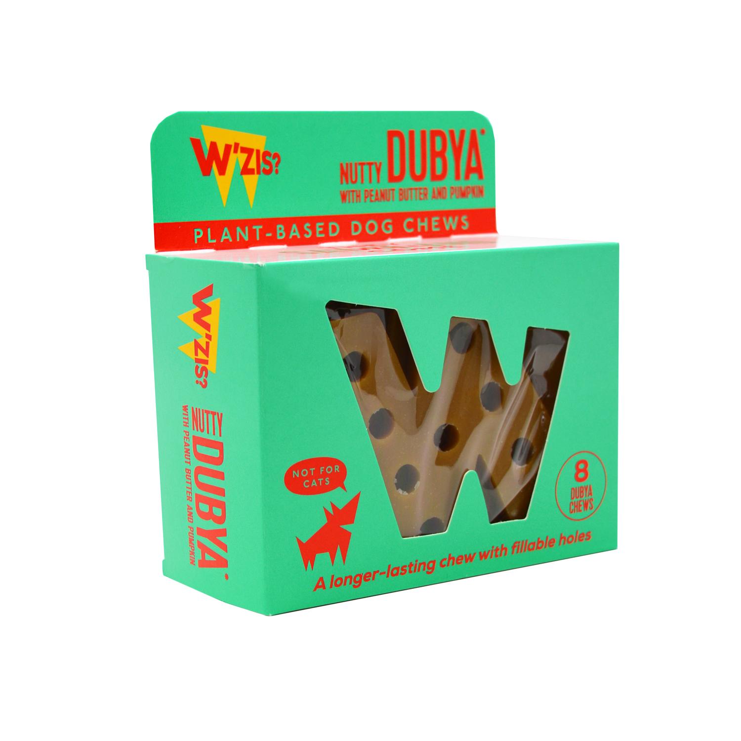 An angled pack of W'ZIS? Nutty dubya small sized vegan dog chews