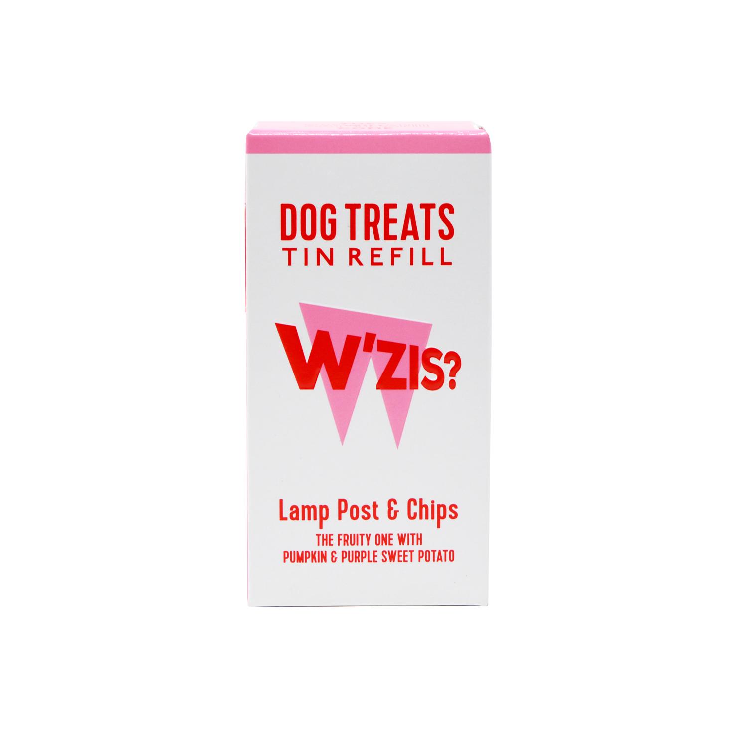 front of a refill pack of 'lamp post & chips' W'Zis? plant based dog treats