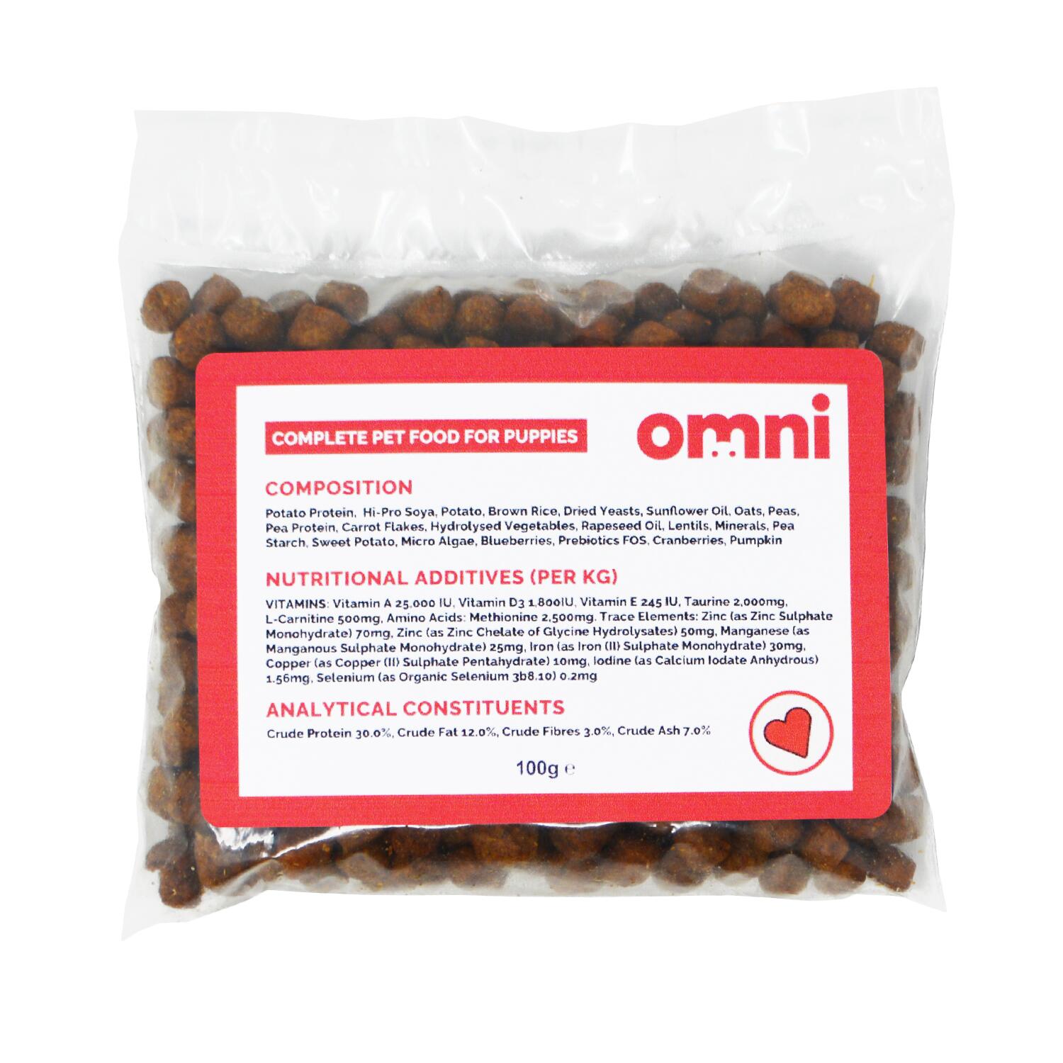 Front of a sample pack of Omni plant based puppy food