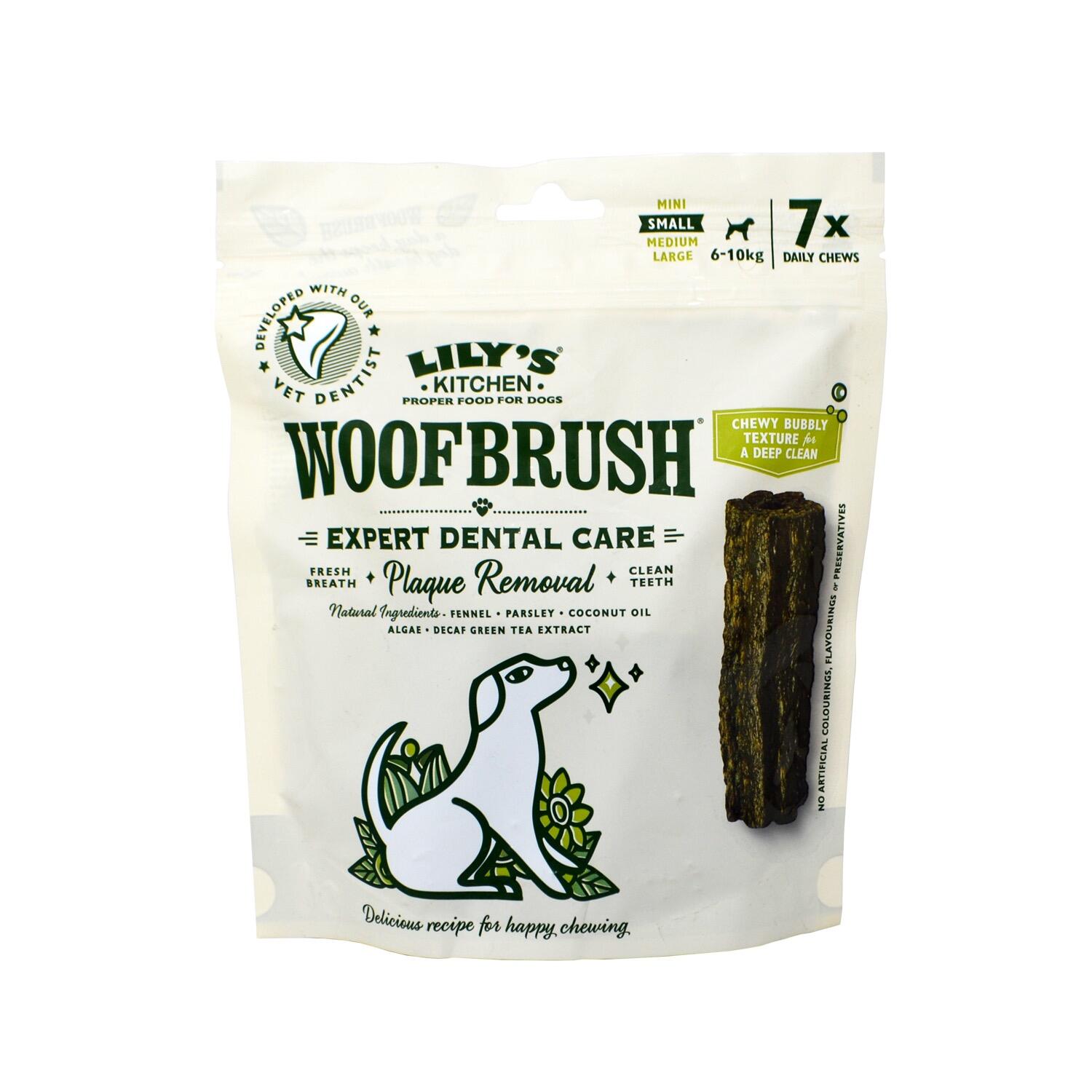 front of a pack of small Woofbrush plant based dog chews from Lily's Kitchen
