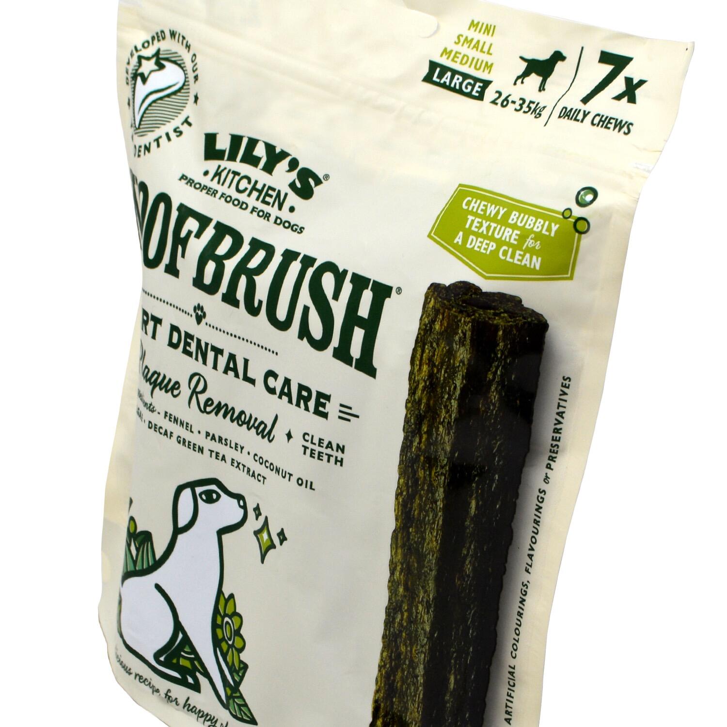 Close up of a pack of Lily's Kitchen Woofbrush, Large Vegan Dental Dog Chews