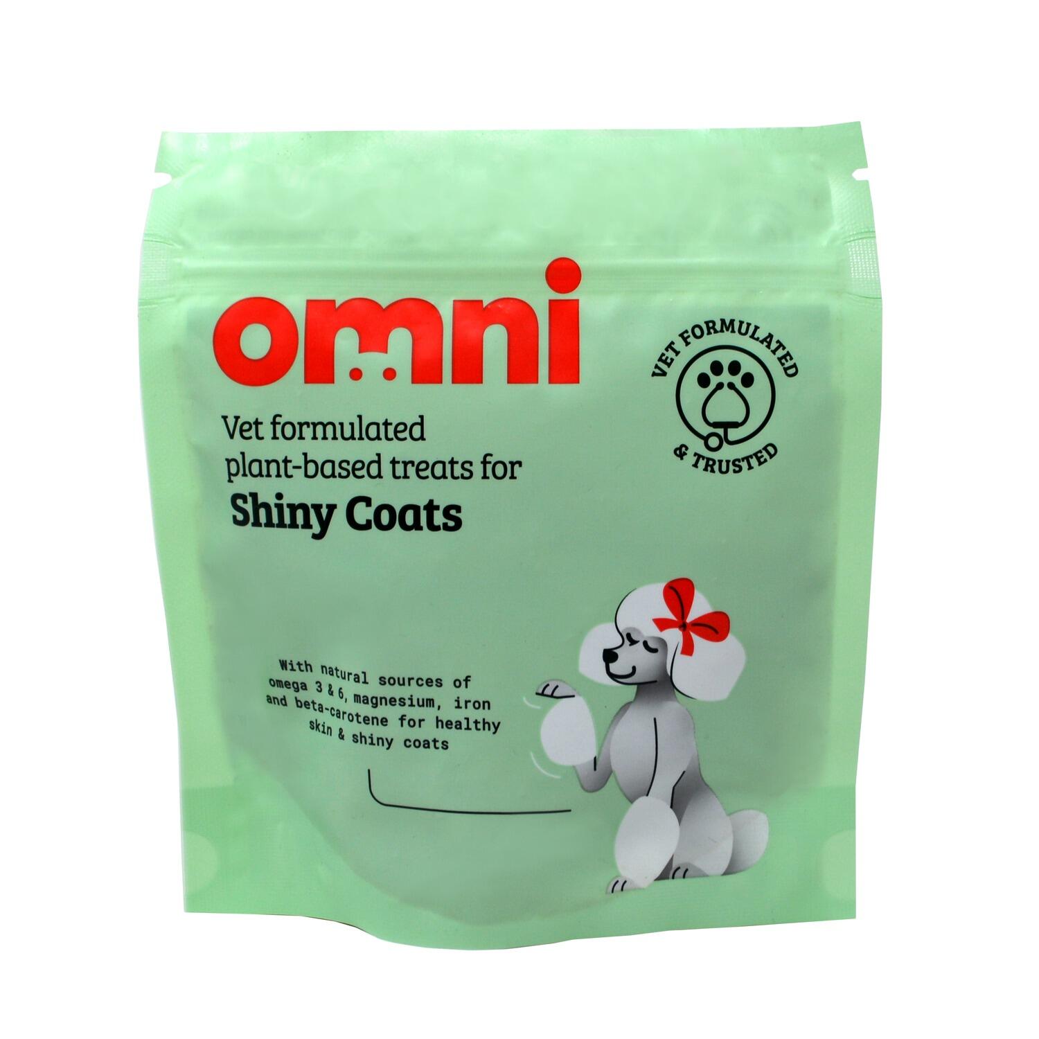 Front of a pack of Shiny Coats Vegan Dog treats from Omni