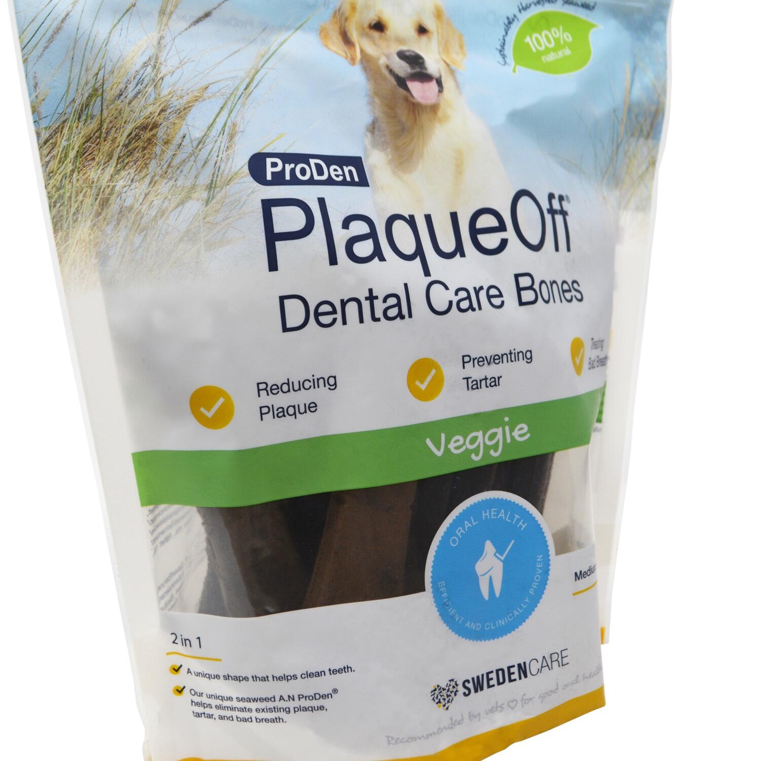 An angled view of a pack of ProDen PlaqueOff  Grain Free Vegan Dental Dog Chews