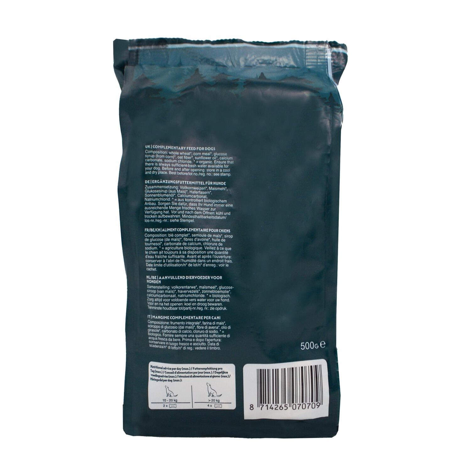 Back of a pack of Yarrah Organic Large Vegan Dog Biscuits