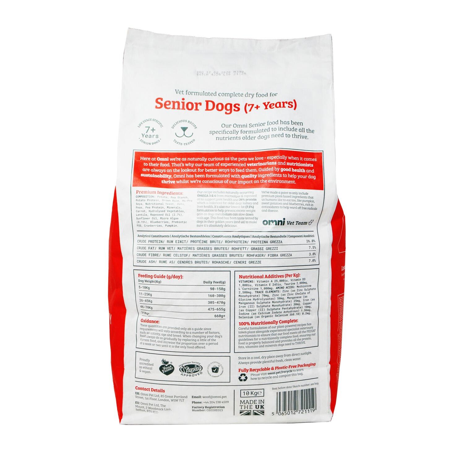Back of a 10kg bag of Omni complete vegan dog food