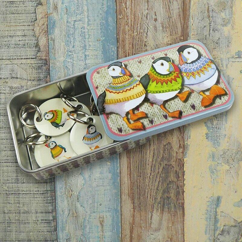 6 Woolly Puffins knitting stitch markers in pocket tin - Emma Ball ...