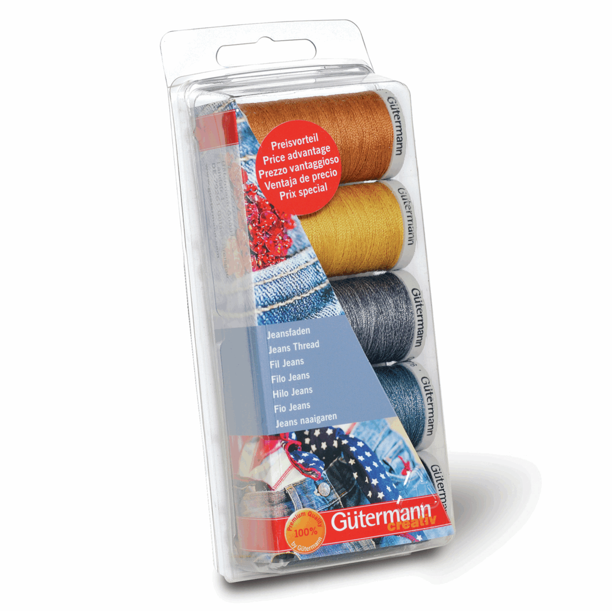 Gütermann Denim Thread Decorative Storage Tin X12 Spools Denim Thread,  Needles & Labels Giftbox Tin 799782 