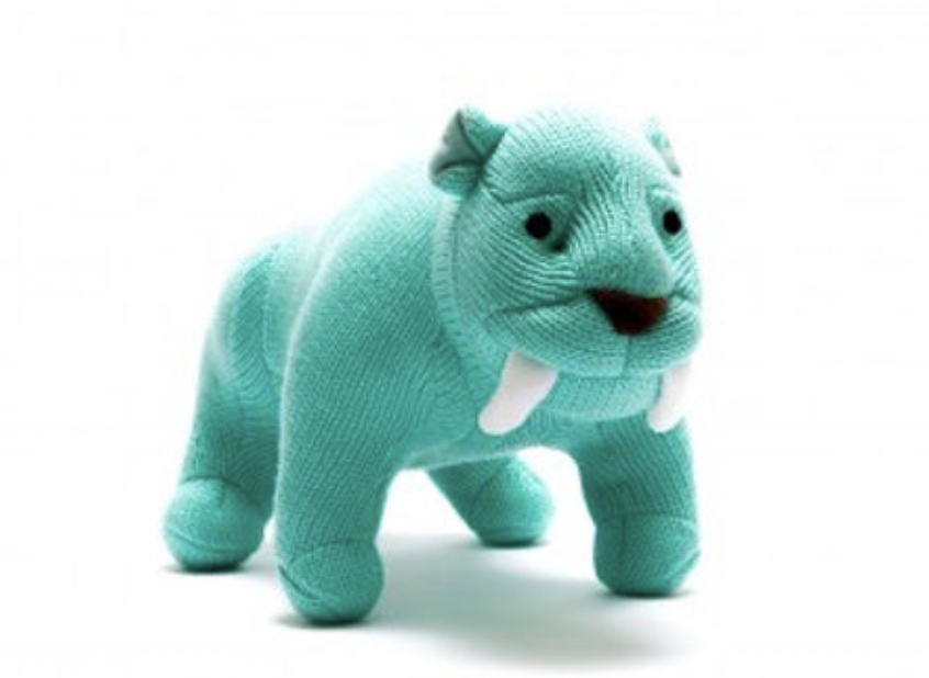 BLUE KNITTED SABRE TOOTH TIGER SOFT TOY