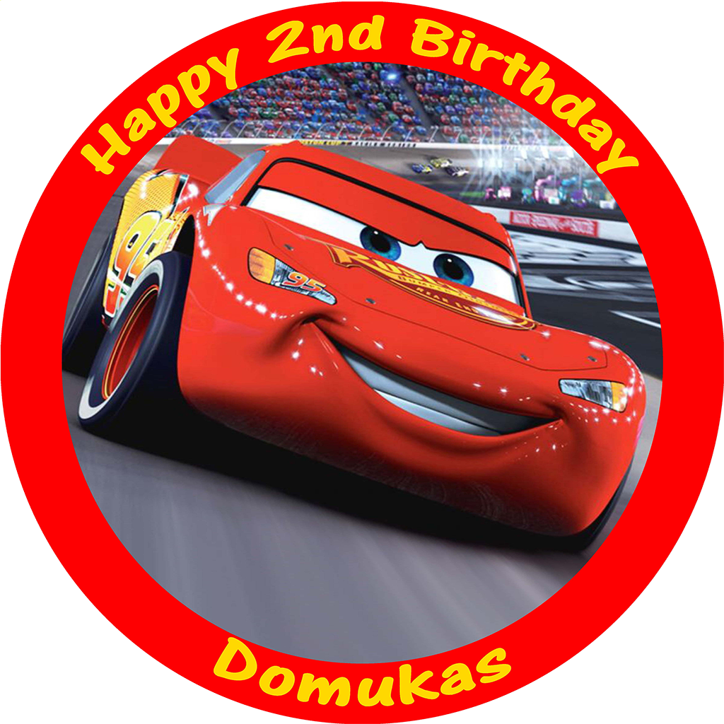 CARS LIGHTNING MCQUEEN EDIBLE PERSONALISED ROUND BIRTHDAY CAKE TOPPER