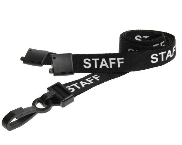 15mm Staff Lanyard – Black with White Print, Safety Breakaway & J-Clip - SKE Direct Sales Ltd