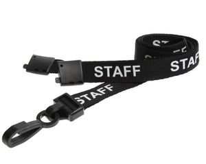 15mm Staff Lanyard – Black with White Print, Safety Breakaway & J-Clip - SKE Direct Sales Ltd