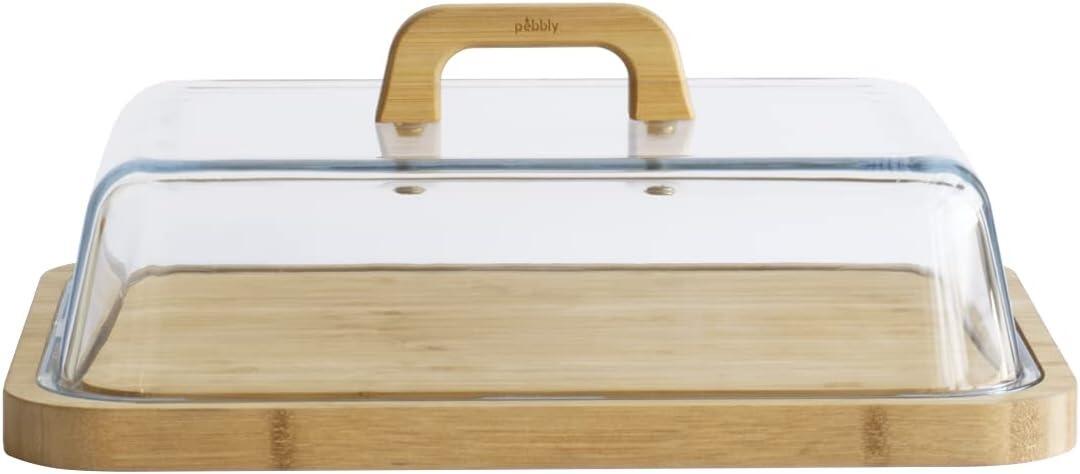 Pebbly - Glass and Bamboo Cheese Box with Bamboo Handle 34cm x 25cm