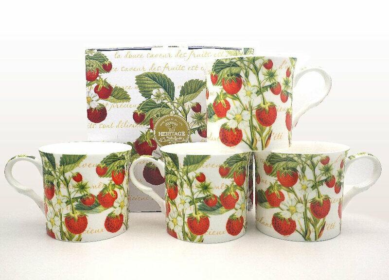 Heritage Bone China - Strawberry Mugs - Set of 4 Gift Boxed