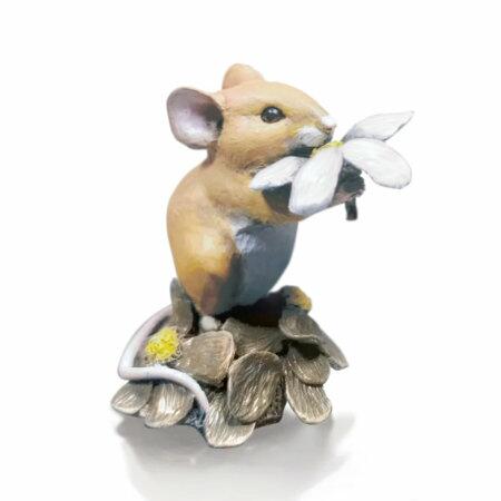 Cold Cast Bronze Hand Painted Mouse with Daisy by Michael Simpson