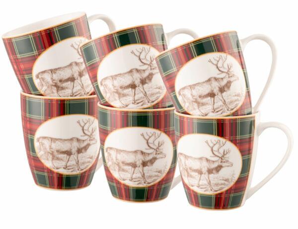 Aynsley Tartan Reindeer Mugs Set of 6