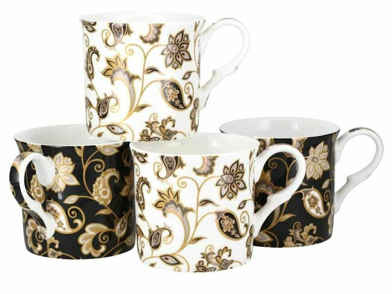 Heritage Bone China - Black White & Gold Jacobean Mugs - Set of 4 Gift Boxed