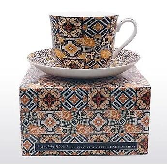Heritage Bone China - Large Breakfast Cup & Saucer - Black Azulejo Gift Boxed