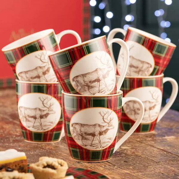 Aynsley Tartan Reindeer Mugs Set of 6
