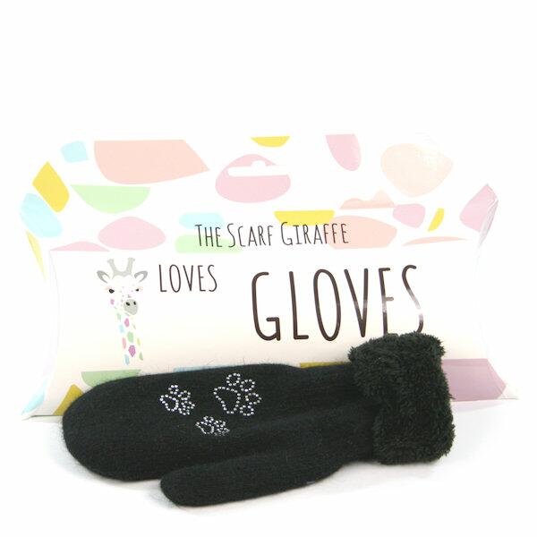 Gloves / Mittens with Diamante Paws Decoration - Black