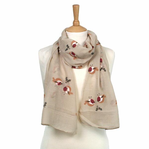 Robin and Holly Christmas Scarf - Taupe