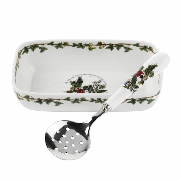 Portmeirion Holly & Ivy Cranberry Dish & Slotted Spoon