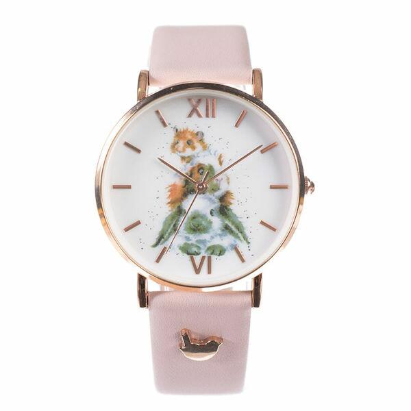 Wrendale 'Piggy in the Middle' Guinea Pig Hamster and Rabbit Watch - Pink Leather Strap