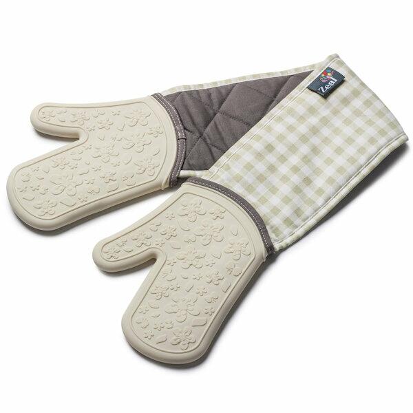 Zeal Silicone Heavy Duty Double Oven Gloves Mitts Cream - Gingham