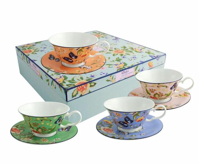 Aynsley Cottage Garden Windsor Teacups & Saucers Set of 4