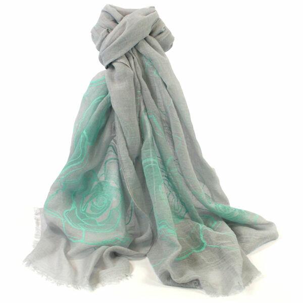 Large Roses Scarf - Grey & Green