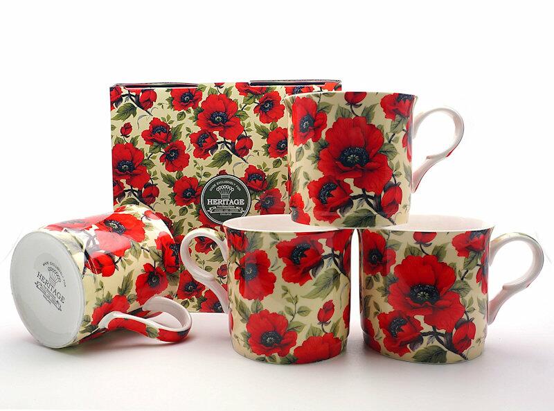Heritage Bone China - Poppy Mugs - Set of 4 Gift Boxed