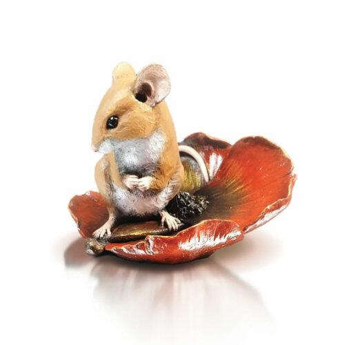 Cold Cast Bronze Hand Painted Mouse in Poppy Flower by Michael Simpson