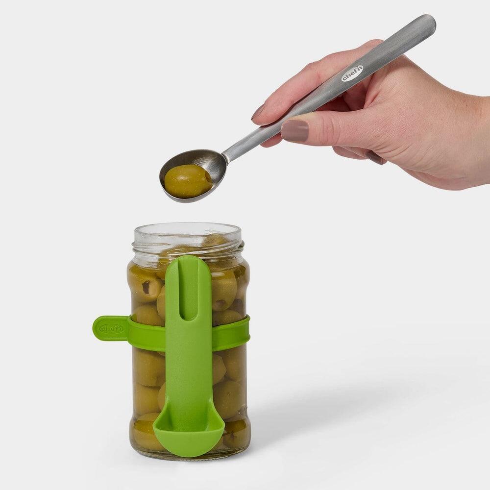 Chef'n Stainless Steel Condiment Strainer Spoon with Green Integrated Storage Caddy