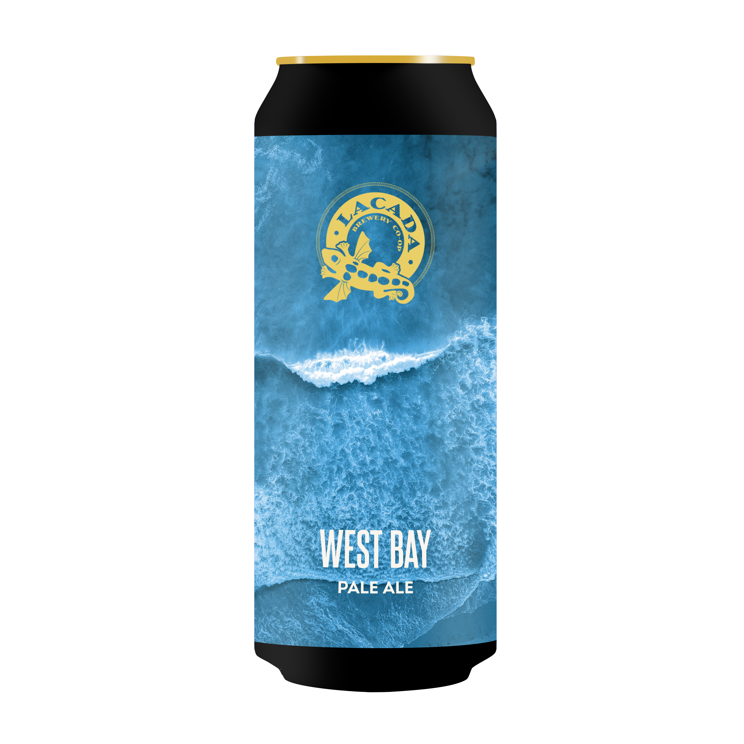 A can of West Bay beer with a picture of a blue sea on it.