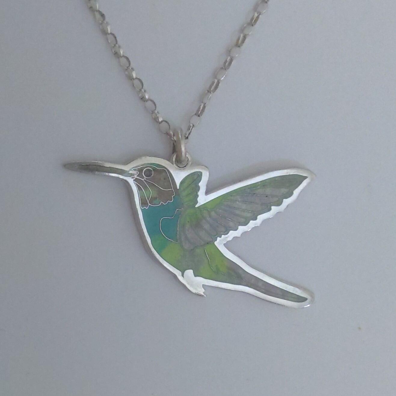 sterling silver hummingbird pendant vitreous glass enamelled