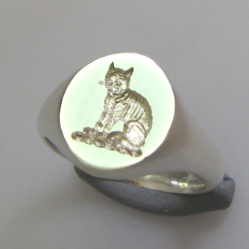 cat crest engraved silver signet ring