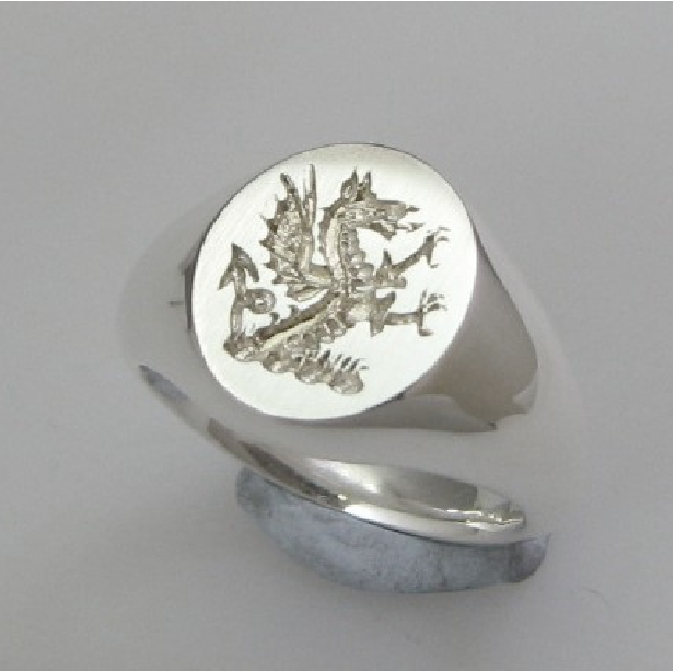 demi dragon crest engraved silver signet ring