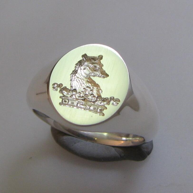 Bear in a crown crest engraved silver signet ring