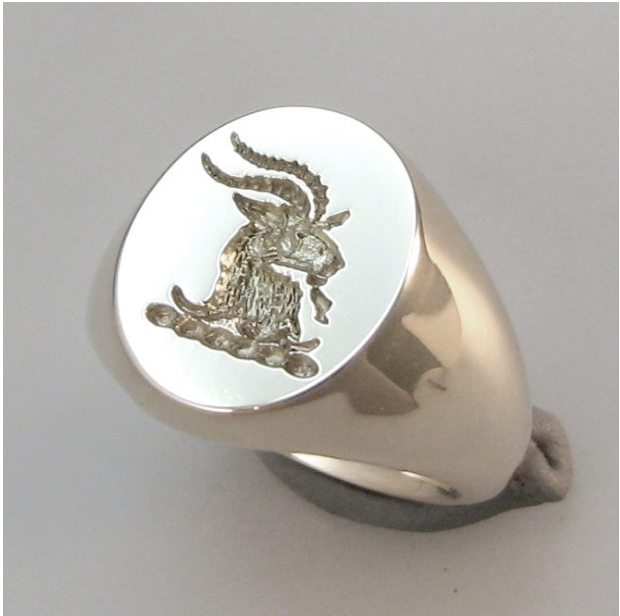 goats head crest engraved silver signet ring