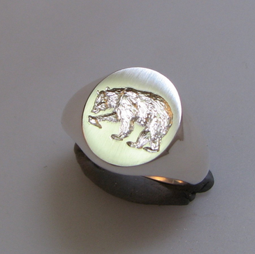 Bear engraved silver signet ring