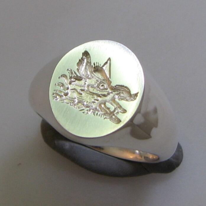Boars head crest engraved silver signet ring