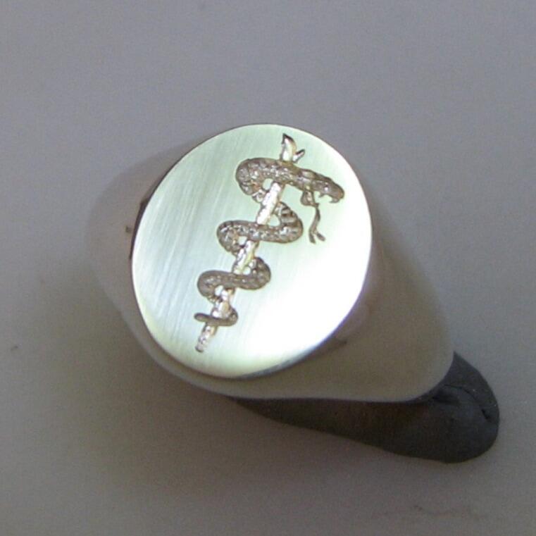 Rod of Asclepius snake and staff signet ring