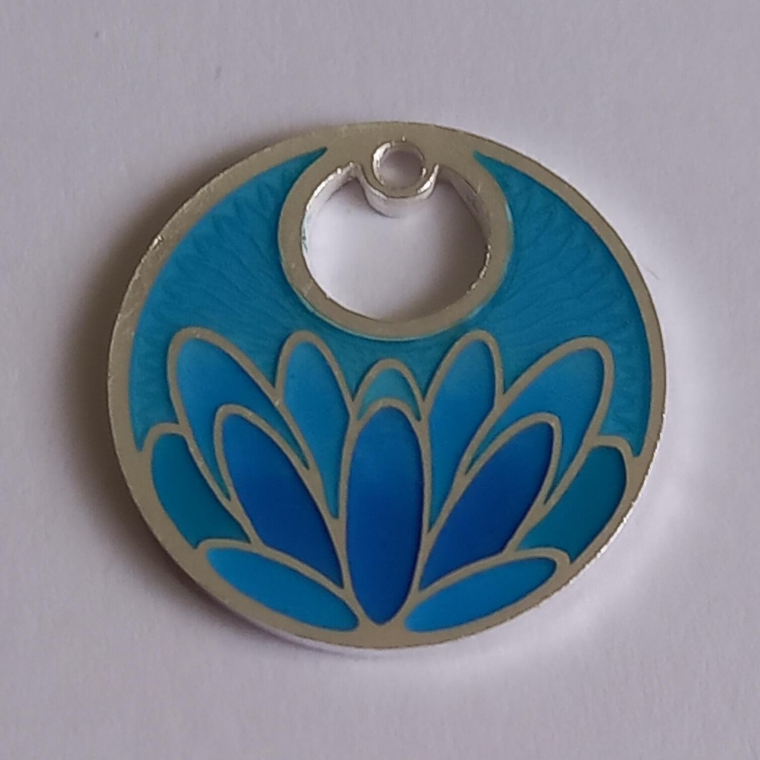 Lotus flower inspired round vitreous glass enamelled pendant 26mm