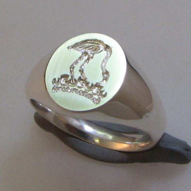 Flamingo in a crown crest engraved silver signet ring