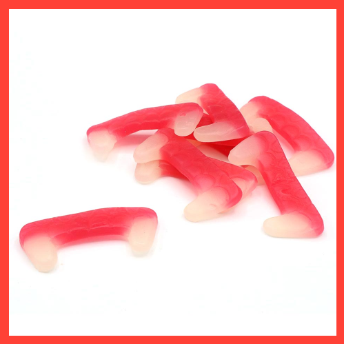 Vegan strawberry-flavoured jelly sweets shaped like vampire fangs