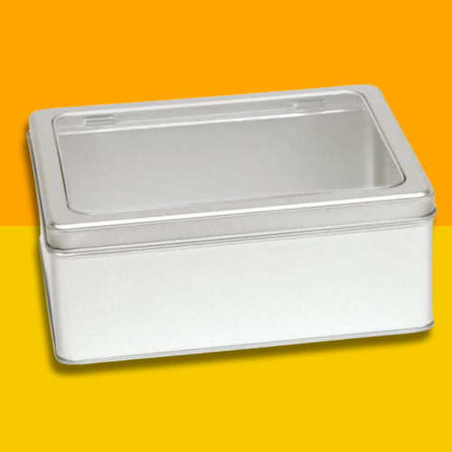 Large Silver Rectangular Tin With Hinged Window Lid. Perfect For Gifting.