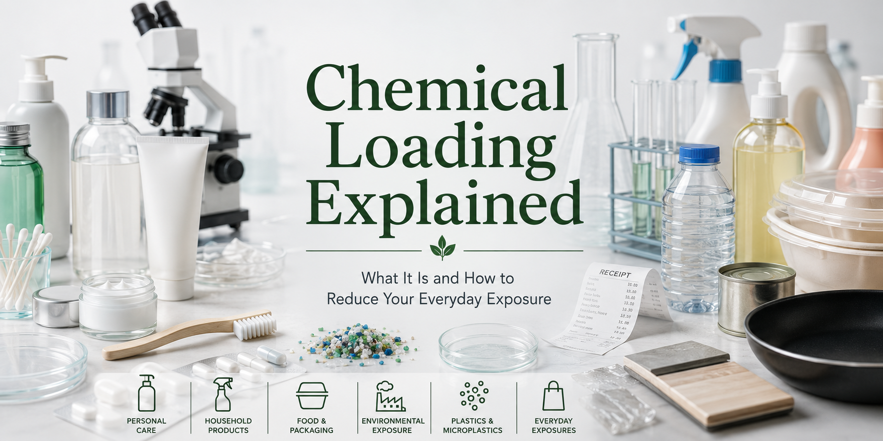 Chemical Loading Explained hero banner featuring everyday products including cosmetics, food packaging, plastics, cleaning products and laboratory equipment, illustrating common sources of everyday chemical exposure.