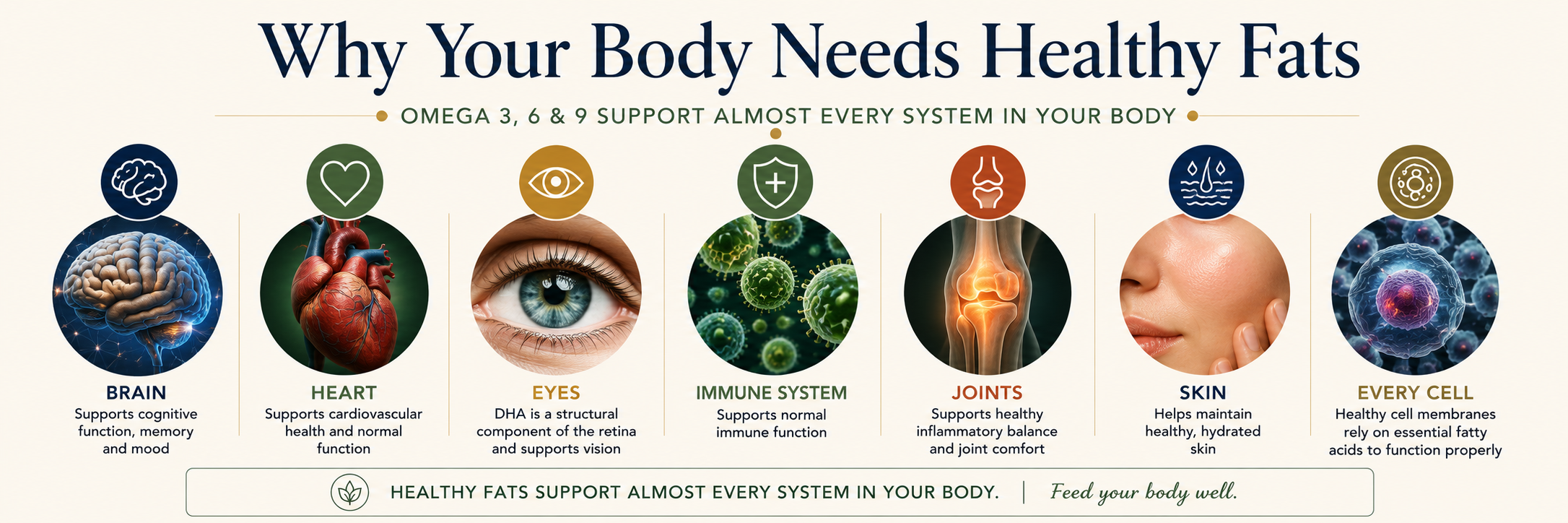 Educational infographic illustrating how Omega 3, 6 and 9 fatty acids support the body's major systems, including the brain, heart, eyes, immune system, joints, skin and healthy cell membranes, using realistic anatomical imagery on a clean cream background.