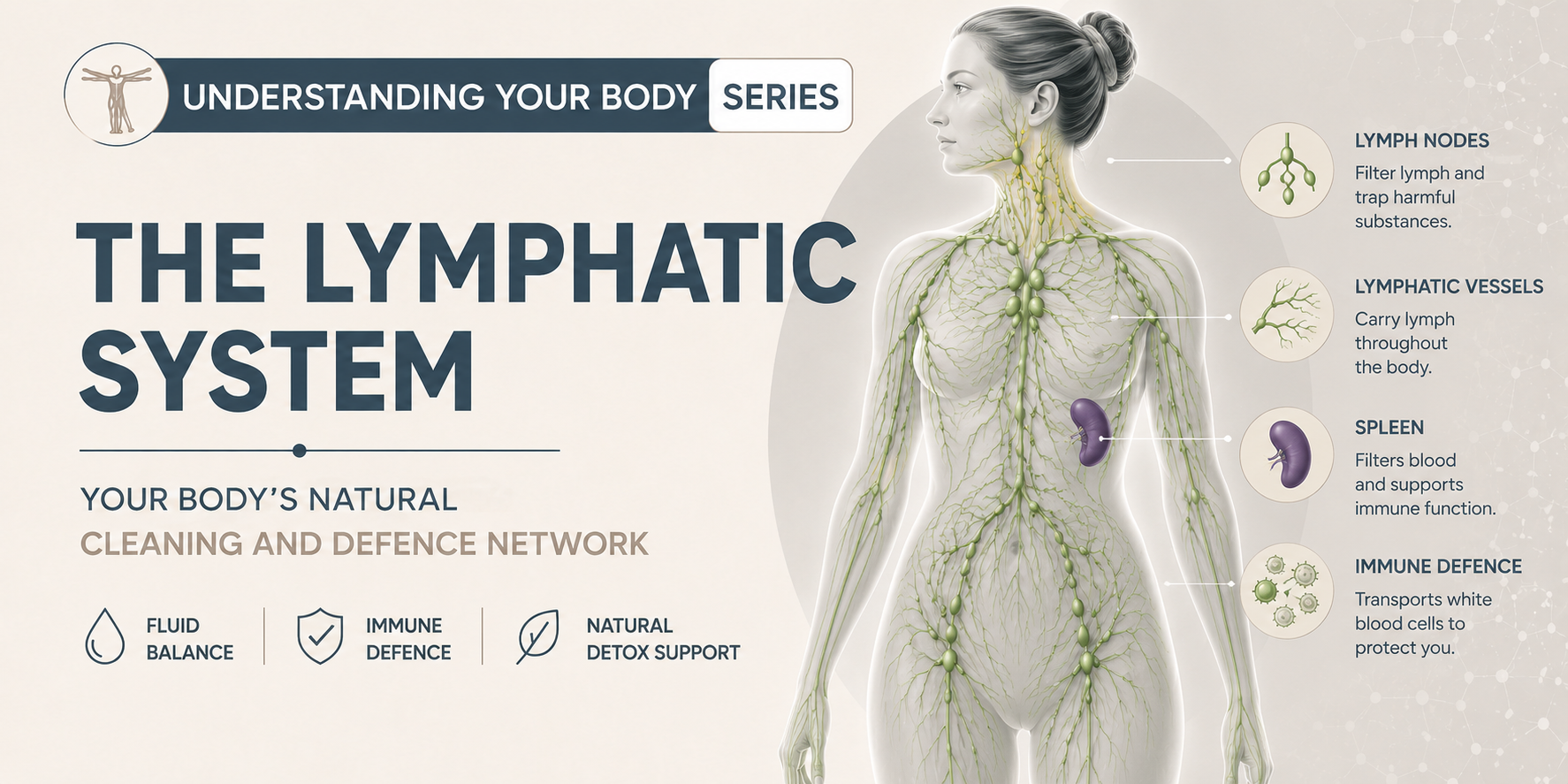 Health Mastery hero banner for the Understanding Your Body series featuring the lymphatic system. The illustration highlights the body's lymphatic vessels, lymph nodes and spleen, explaining how the lymphatic system supports fluid balance, immune defence and the body's natural waste removal processes.